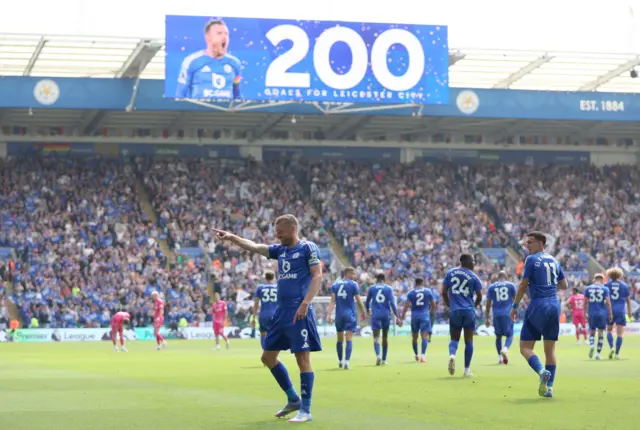 Leicester City's Jamie Vardy celebrates after scoring his sides first goal