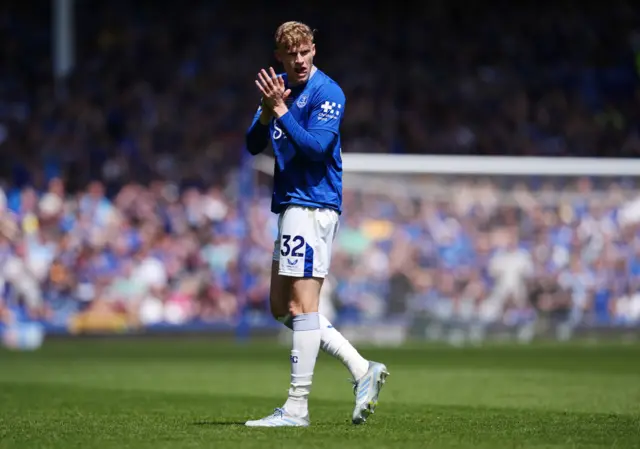 Everton's Jarrad Branthwaite applauds the fans as he leaves the pitch as a substitute