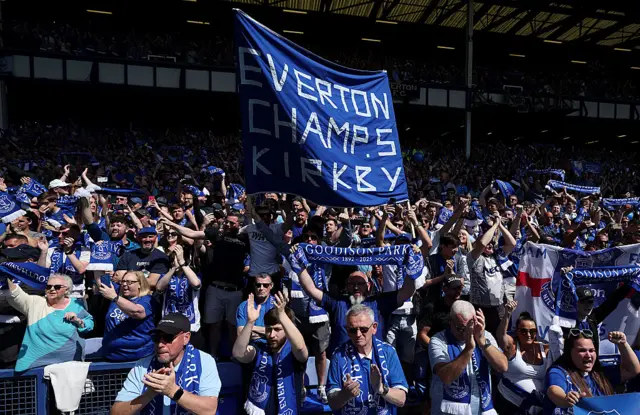 Everton supporters celebrate their side's first goal during the Premier League match between Everton FC and Southampton FC at Goodison Park on May 18, 2025 in Liverpool, England.