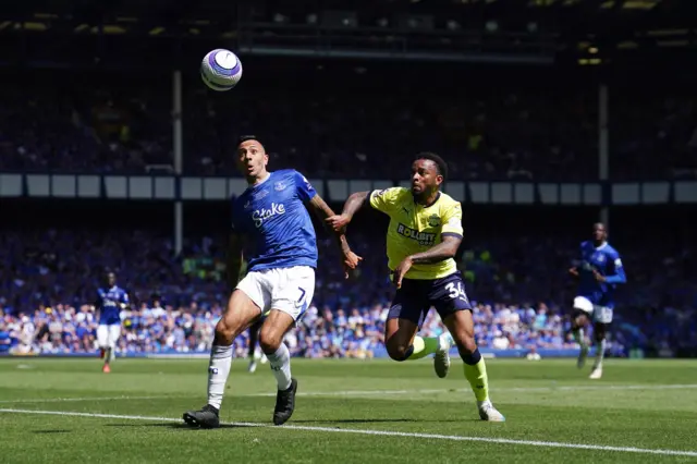 Everton's Dwight McNeil (left) anSouthampton's Welington battle for the ball during the Premier League match at Goodison Park, Liverpool.