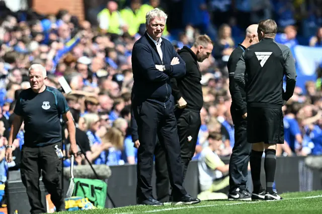 Everton's Scottish manager David Moyes reacts ahead of the English Premier League football match between Everton and Southampton at Goodison Park in Liverpool, north west England on May 18, 2025, Everton's final premier league fixture played at the stadium, their home since 1892.