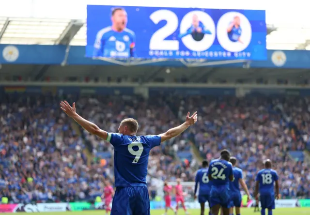 Leicester City's Jamie Vardy celebrates after scoring his sides first goal
