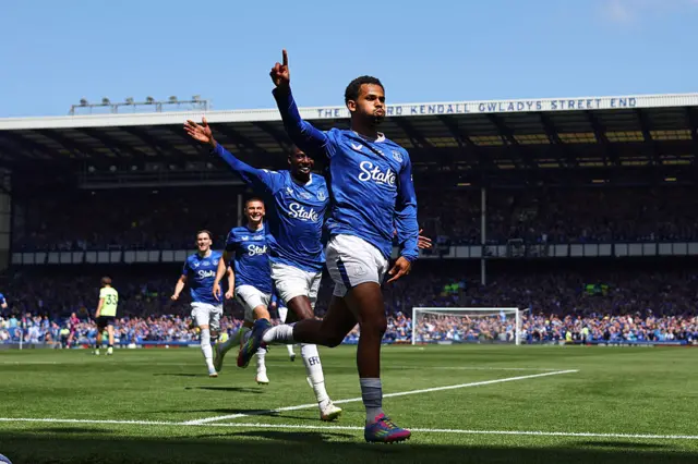 Iliman Ndiaye of Everton celebrates after scoring a goal to make it 1-0 during the Premier League match between Everton FC and Southampton FC at Goodison Park on May 18, 2025 in Liverpool, England.