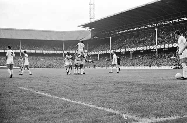 The Brazilian team celebrate their second goal (Garrincha, free kick, 63) against Bulgaria at Goodison Park during the 1966 World Cup