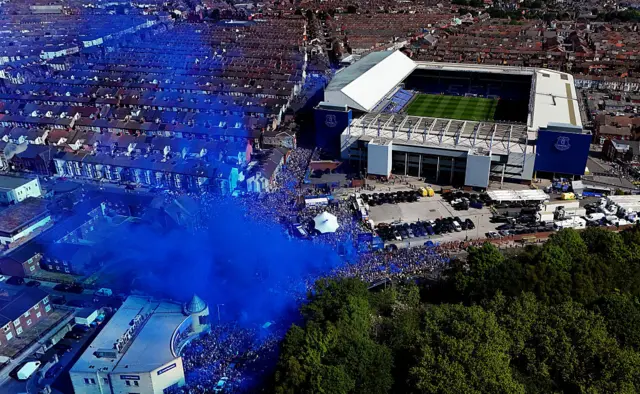 An aerial view of the Everton team bus arriving at Goodison Park before the Premier League match between Everton FC and Southampton FC at Goodison Park on May 18, 2025 in Liverpool, England.