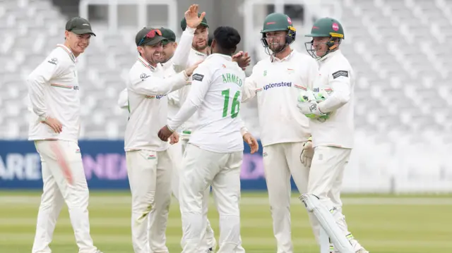 Leicestershire celebrate a wicket against Middlesex