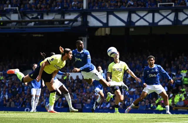 Everton's Beto scores a goal that was later disallowed.