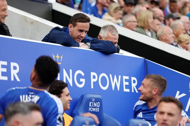 Danny Ward and Jamie Vardy of Leicester City during the Premier League match between Leicester City and Ipswich Town at King Power Stadium on May 18, 2025 in Leicester, United Kingdom.
