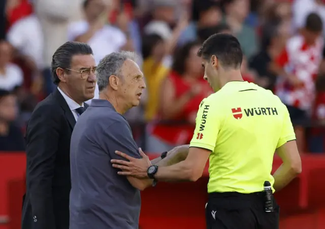 Joaquin Caparros speaks to the referee