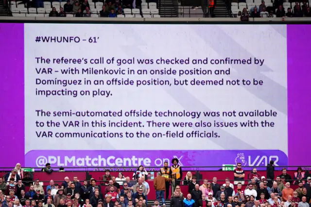A VAR check goes in favour of the goal of Nottingham Forest's Nikola Milenkovic