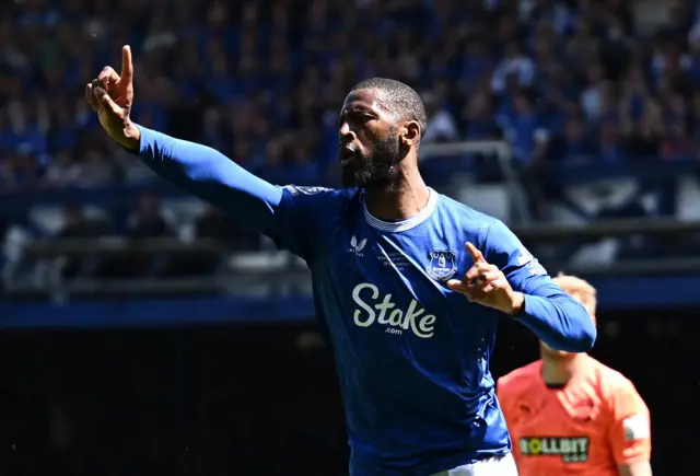 Everton's Beto celebrates scoring a goal that was later disallowed.