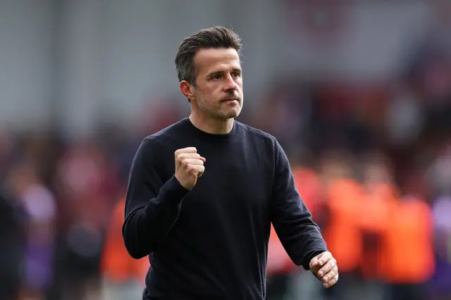 Marco Silva, Manager of Fulham, celebrates victory at full-time following the Premier League match between Brentford FC and Fulham FC at Gtech Community Stadium on May 18, 2025 in Brentford, England.