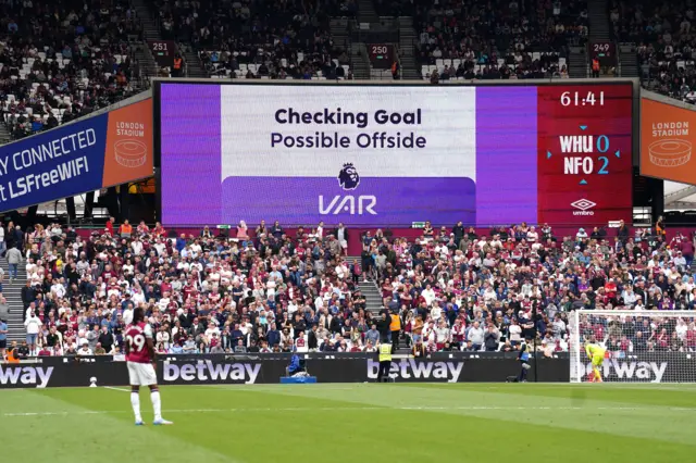 A VAR check for the goal of Nottingham Forest's Nikola Milenkovic during the Premier League match at London Stadium, London.