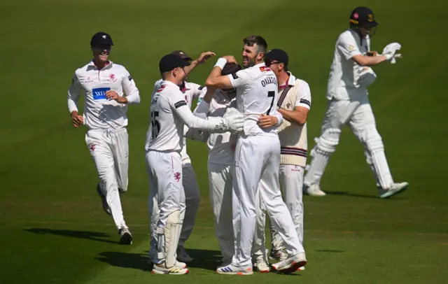 Somerset celebrate Tom Banton running out Sussex's James Hayes