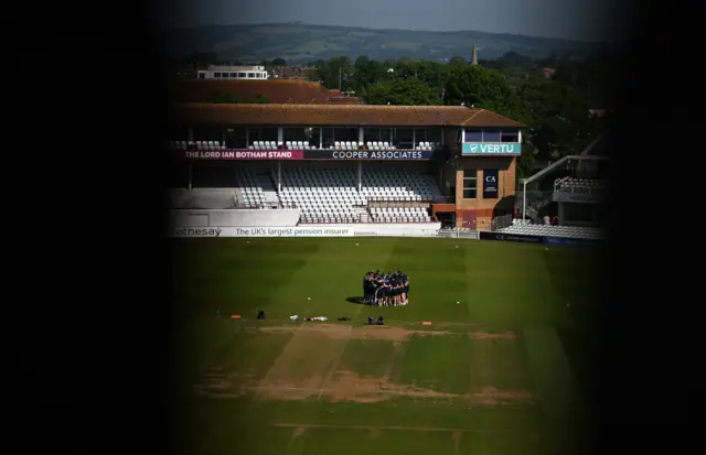 Players warming up at Taunton before day three of Somerset v Sussex