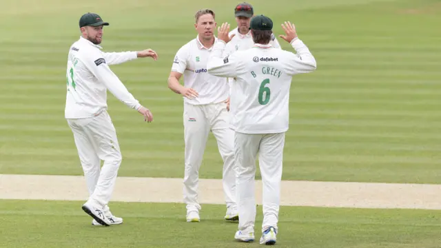 Leics bowler Logan van Beek celebrates getting out Middlesex's Leus du Plooy