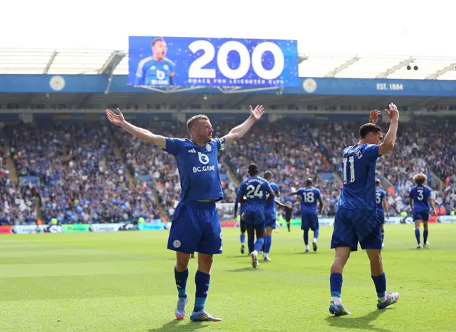 Jamie Vardy of Leicester City celebrates scoring his team's first goal which marks his 200th goal for Leicester City