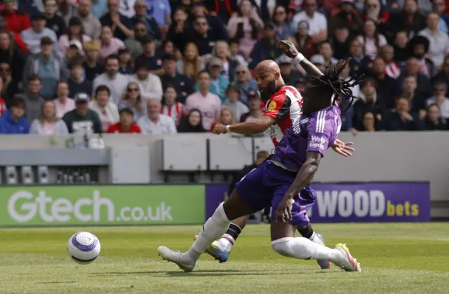 Brentford's Bryan Mbeumo scores their first goal