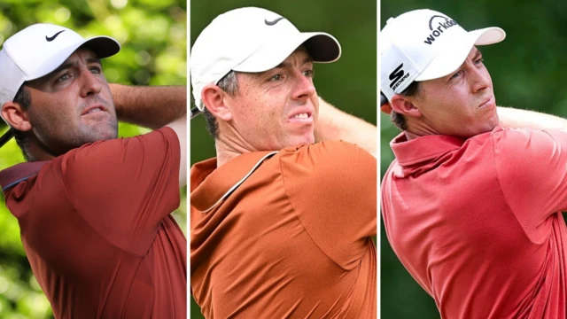A split image of Scottie Scheffler, Rory McIlroy and Matt Fitzpatrick