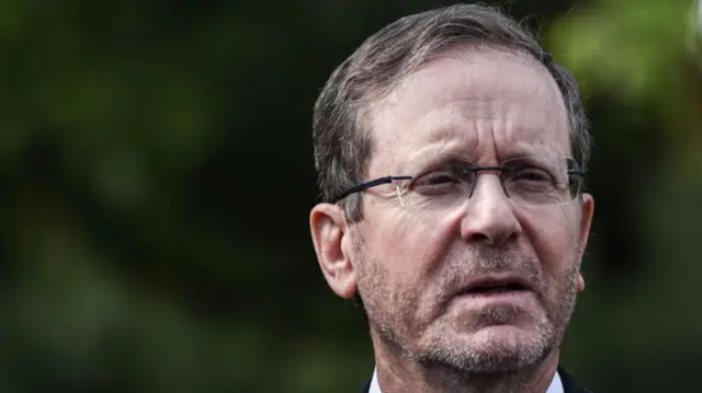 Israeli President Isaac Herzog attends a memorial event commemorating the deportation of Jews during World War II at the Platform 17 Memorial at Grunewald railway station in Berlin, Germany, 12 May 2025