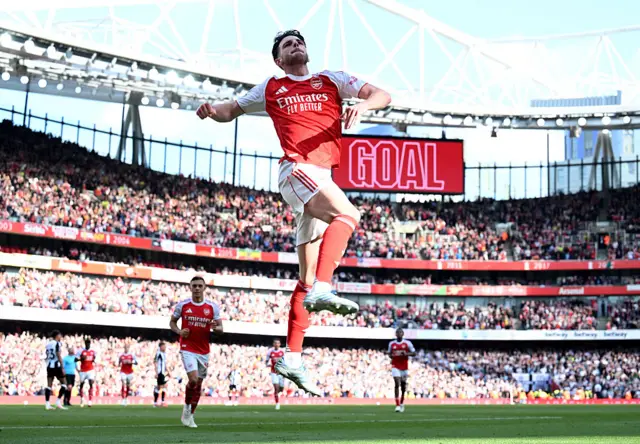 Declan Rice celebrates scoring against Newcastle