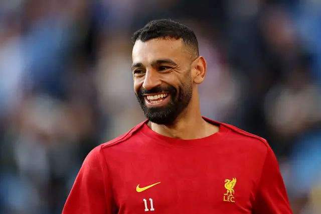 Mohamed Salah of Liverpool looks on, during the warm up prior to the Premier League match between Brighton & Hove Albion FC and Liverpool FC at Amex Stadium on May 19, 2025 in Brighton, England.
