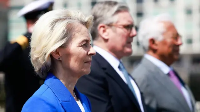(R-L) European Council President Antonio Costa, British Prime Minister Keir Starmer and European Commission President Ursula von der Leyen look on during a visit aboard the British Royal Navy's HMS Sutherland frigate