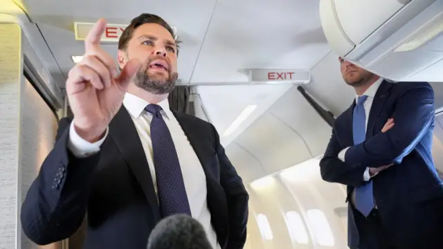 Vice President JD Vance talks to reporters on board of the Air Force Two at Leonardo da Vinci International Airport