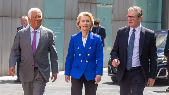 Antonio Costa, Ursula Von Der Leyen and Keir Starmer walking outside, there is a car behind them.