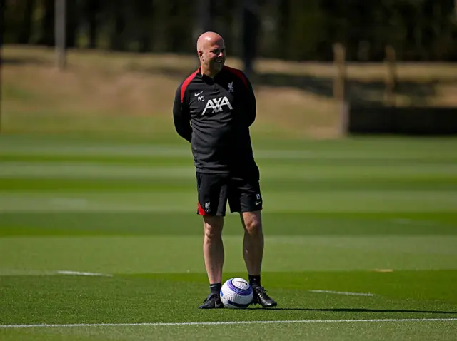 Arne Slot head coach of Liverpool during a training at AXA Training Centre on May 16, 2025 in Kirkby, England.
