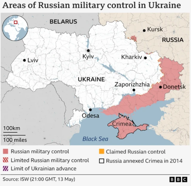 A graph which shows in red Russia's military control of Ukraine, covering Donetsk and Crimea