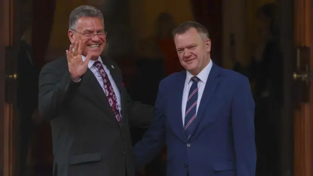 Maros Sefcovic waves as he is greeted by Nick Thomas-Symonds