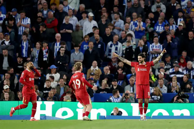 Dominik Szoboszlai of Liverpool celebrates scoring his team's second goal during the Premier League match between Brighton & Hove Albion FC and Liverpool FC at Amex Stadium on May 19, 2025 in Brighton, England.