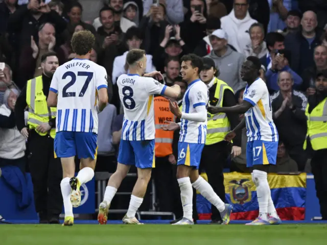 Brighton & Hove Albion's Yasin Ayari celebrates scoring their first goal with Brajan Gruda