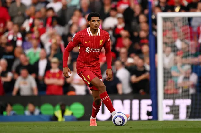 Jarell Quansah of Liverpool controls the ball during the Premier League match between Brighton & Hove Albion FC and Liverpool FC