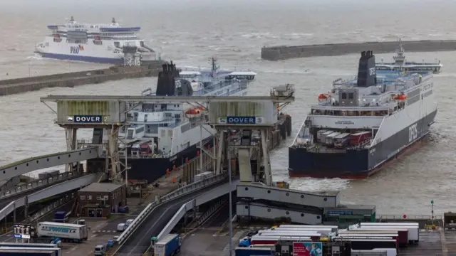 Freight lorries moving around inside the Eastern Dock of the Port of Dover