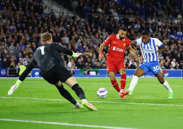 Liverpool's Mohamed Salah misses a chance to score