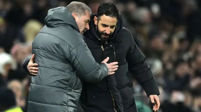 Tottenham boss Ange Postecoglou and Manchester United's Ruben Amorim