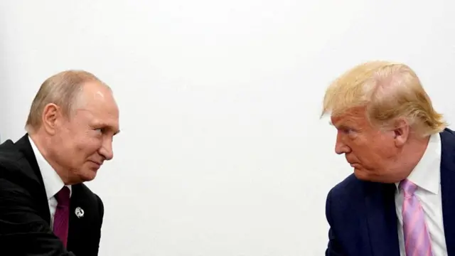 Putin and Trump looking at each other with stark white background