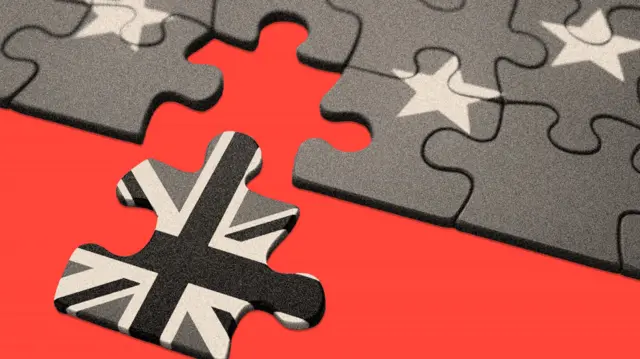 A treated image of jigsaw puzzle where one piece with the UK flag is separated from the puzzle, and the rest of the pieces show the EU flag
