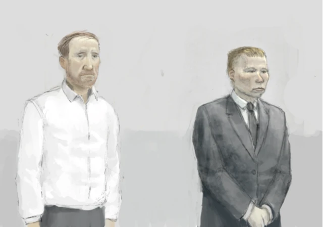 Sketch with coloured pencils of two men in the dock. Graham on the left is wearing an open collared white shirt with short ginger hair and beard, Carruthers on the right a black suit and tie, clean shaven with short fair hair