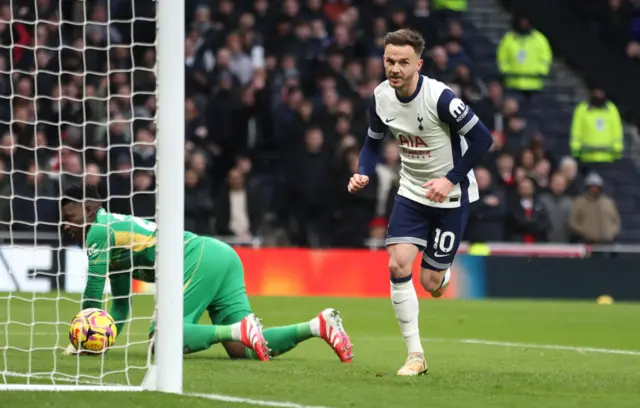 James Maddison scores against Manchester United in February