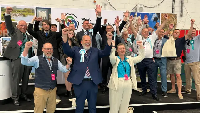A large group of Reform UK councillors celebrate with their hands in the air while onstage. Most are wearing pale blue rosettes.