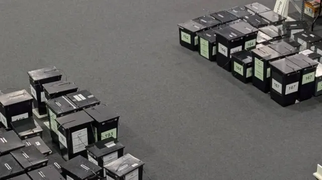 Ballot boxes in a conference hall