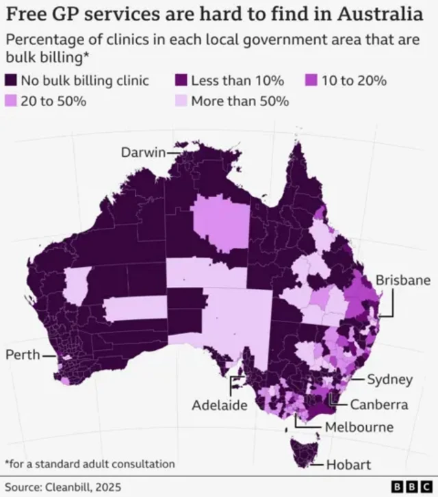 A map showing the percentage of clinics that are bulk-billing in each local government area in Australia