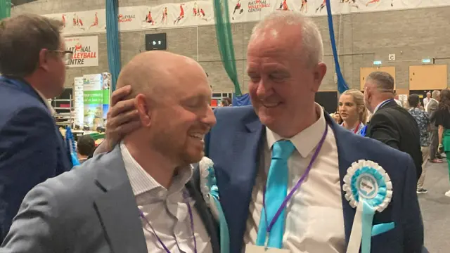 Martin Griffiths look jubilant as they celebrate with each other inside the sports hall.