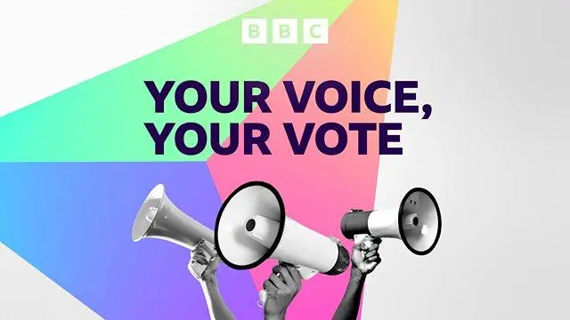 BBC Your Voice Your Vote banner, with multi-coloured graphics and three megaphones in people's hands on a white background.