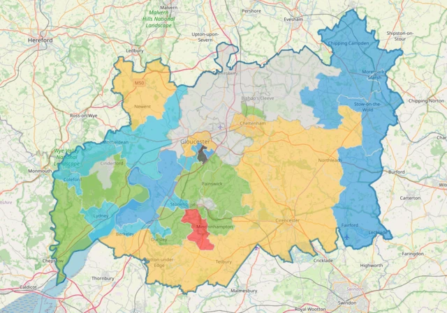 A map showing different colours of areas representing which party has won each ward