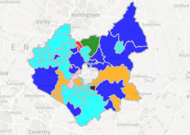 A map showing the political make up of Leicestershire County Council