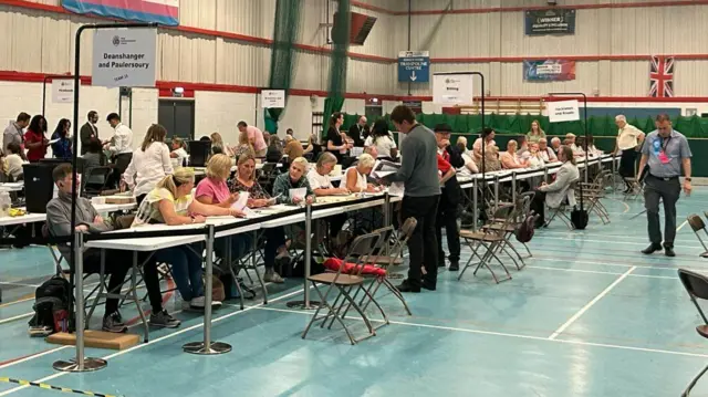 People sit across long lines of tables counting votes inside the sports hall.